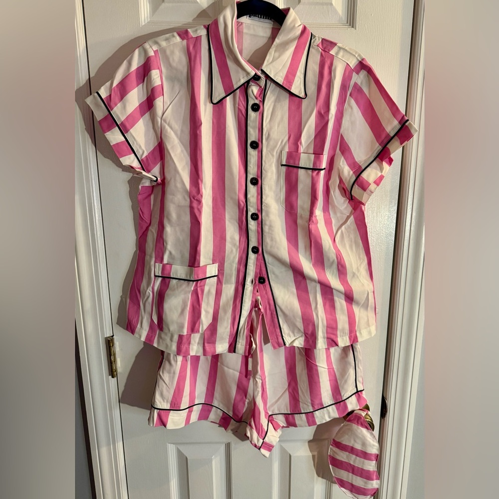 Patiini Pink and White Striped Pajama Set Bamboo Fabric and Coconut Buttons Med.